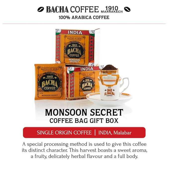 Bacha Coffee | Monsoon Secret India Single Origin, Medium Dark Roast, 100% Arabica Specialty Coffee, 12 Coffee Drip Bags, Gift Box