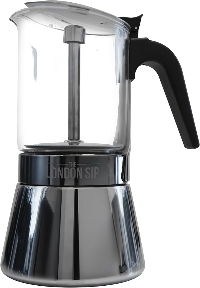 London Sip Glass and Stainless Steel Stovetop Espresso Maker Moka Pot Italian Coffee Percolator, Matte Black, Large (15.2 oz)