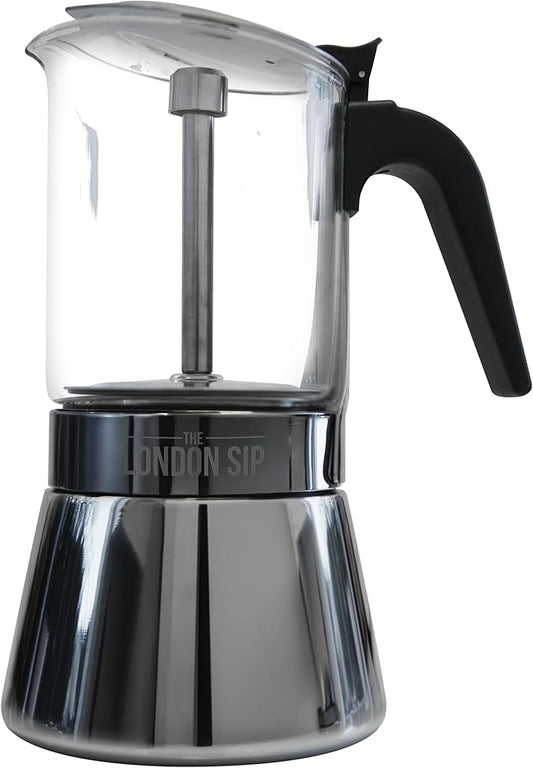 London Sip Glass and Stainless Steel Stovetop Espresso Maker Moka Pot Italian Coffee Percolator, Matte Black, Large (15.2 oz)