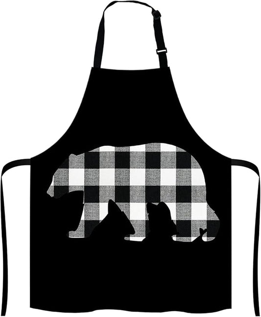 Black and White Buffalo Plaids Bear Apron Home Kitchen Waterproof Cooking Baking Gardening for Women Men