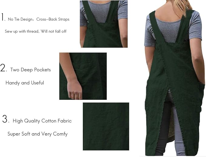 Women's Pinafore Square Apron Baking Cooking Gardening Works Cross Back Cotton/Linen Blend Dress with 2 Pockets