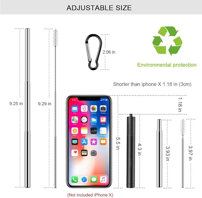 2 Pack Reusable Metal Straws Collapsible Stainless Steel Drinking Straw Travel Portable Telescopic Straw with Case,2 Cleaning Brushes Included Black/Turquoise