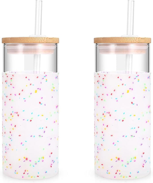 Tronco 20 oz Glass Tumbler Glass Water Bottle Straw Silicone Protective Sleeve Bamboo Lid - BPA Free (Colorful spots/ 2pack)