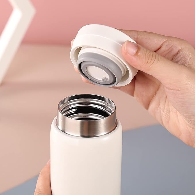 10oz Mini Water Bottle Stainless Steel Thermos Small Flask - Insulated Vacuum, Leak Proof, Keeps Drinks Hot/Cold - Ideal for Coffee, Tea, Water - White