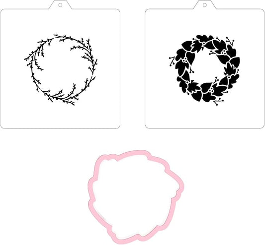 Wreath Cookie cutter and stencil set Baking stencils and cutters bundle DIY bakery decorating kit Wedding Cookie cutter with stencils Icing stencil and cookie cutter combo (Wreath Set)