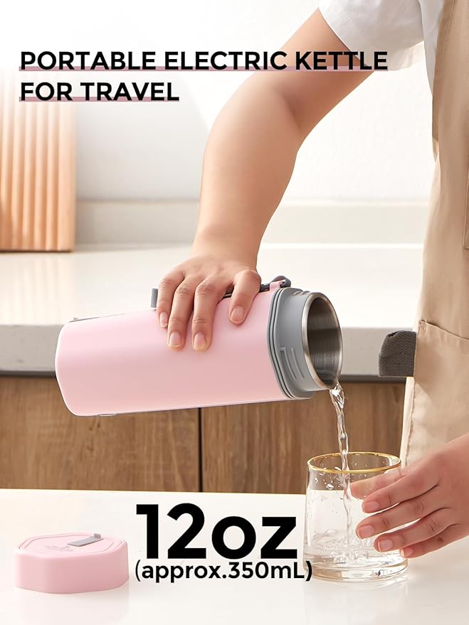 balbali Travel Kettle - 12oz Portable Electric Kettle for Boiling Water - Self Heating Cup/Thermos - Single Size Personal Tea Maker -Hot Water Boiler/Heater/Warmer - Pink