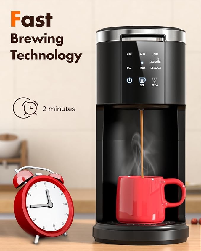 Kismile Single Serve Coffee Maker, 2 in 1 Pod Coffee Maker Machine for K-Cup & Ground, 6 to 14oz Brew Sizes, 40oz Removable Water Reservoir, LCD Screen, Self-cleaning, Black