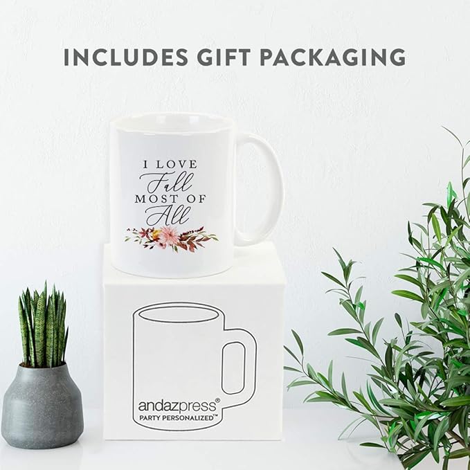 Andaz Press Fall Burgundy Marsala 11oz. Ceramic Coffee Tea Mug, I Love Fall Most Of All, 1-Pack, Floral Leaves Graphic, Friend, Family, Coworker, Autumn Season, Thanksgiving Ideas