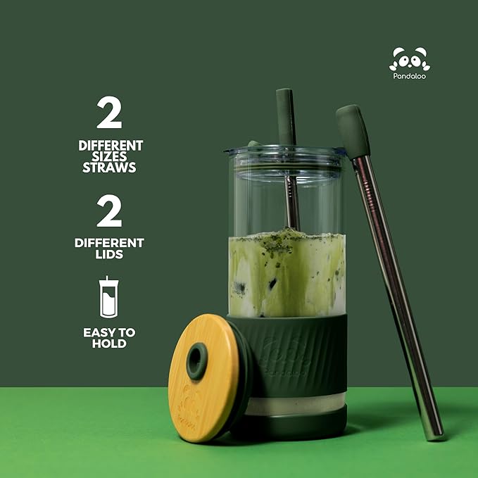 Pandaloo® Glass Cups With Lids and Straws -20 Fl Oz- Perfect Size Iced Coffee Cup - Smoothie Cup With Bamboo Lid and On the go Lid - Glass Tumbler (2 Count (Pack of 1), Amber Sand-Black Saphir)