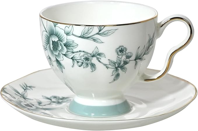 ACMLIFE Bone China Tea Cups and Saucers for 1, 6.8 oz Teacup Set for Adults, with Gold Trim and Gift Box, Blue and White Chinese English British Wedding Tea Set for One Coffee Cup Set (Blue-Leaf)