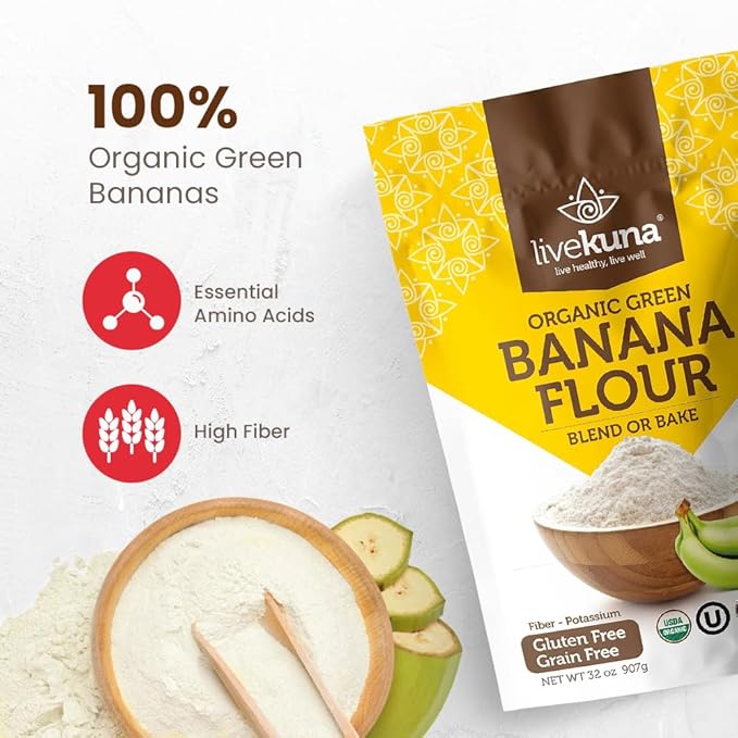 LiveKuna Organic Banana Flour - Gluten Free All Purpose Flour Alternative For Baking & Cooking Recipes - Grain Free Vegan Banana Flour, Rich In Fiber & Vitamins for Keto & Paleo Diets, 32oz Bag