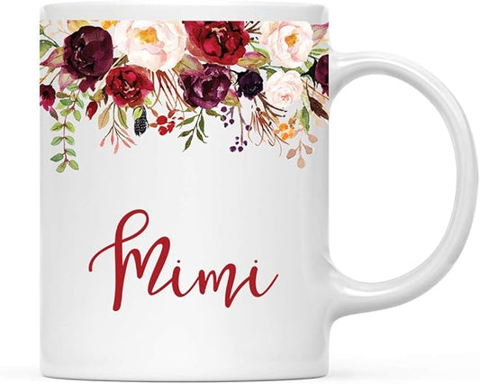 Andaz Press 11oz. Mother's Day Ceramic Coffee Tea Mug Gift, Fall Autumn Marsala Burgundy Flowers Roses Florals, Mimi, 1-Pack, Includes Gift Box, Birthday Christmas Gift Ideas