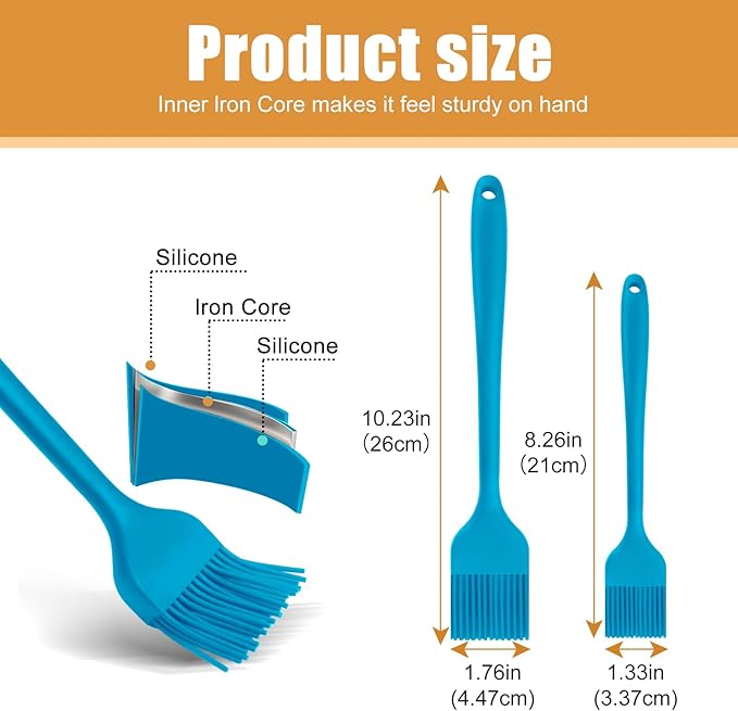 Silicone Basting Brush 2 Pcs Pastry Brush for Oil, BBQ, Grill, Sauce Baking Cooking, Dishwasher Safe (Blue)