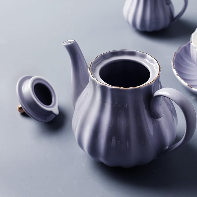 Porcelain Tea Sets British Royal Series, 8 OZ Cups& Saucer Service for 6, with Teapot Sugar Bowl Cream Pitcher Teaspoons and tea strainer for Tea/Coffee, Pukka Home(purple)