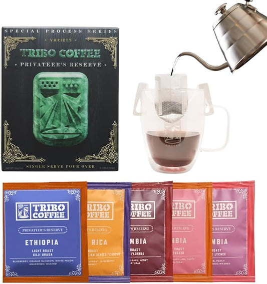 Tribo Coffee Single-Serve Portable Pour Over Drip Coffee - Privateer's Reserve Variety - 5 Servings (Light - Medium Roast)