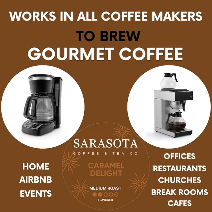 Sarasota Coffee Ground Packets | Gourmet Flavored Medium Roast Bulk Coffee Packs | Salted Caramel | Low Acid Mold Free Singles Individual Pouches for 12 Cup Coffee Maker | 2 Ounce Bags, 36 Count