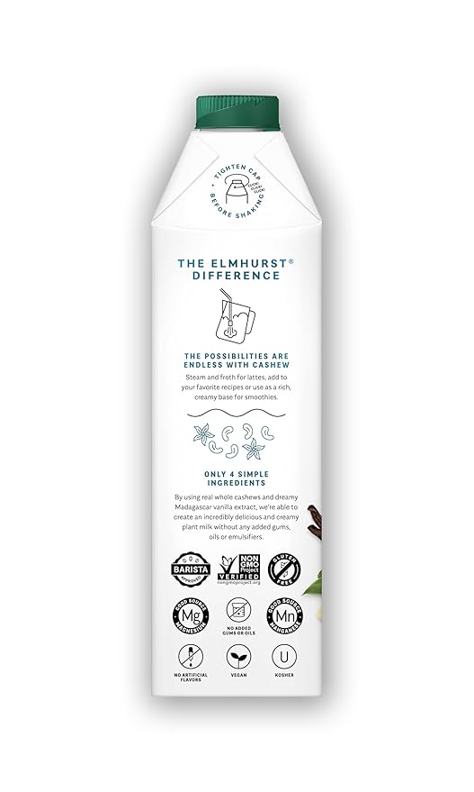 Elmhurst 1925 Vanilla Cashew Milk Unsweetened - 32 Ounce (Pack of 6) Dairy-Free, Vegan, Kosher, Shelf Stable Milk Made with Vanilla, Water & Cashew for Healthier, Simpler Plant-Based Alternatives