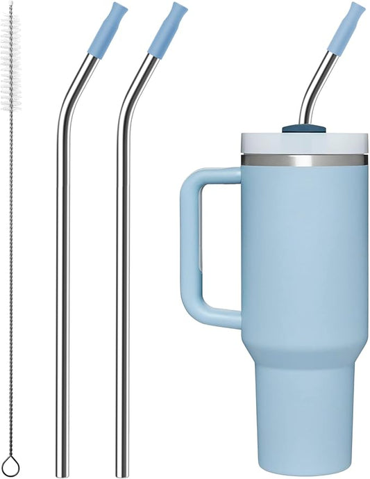 2 Pcs Stainless Steel Straw with Silicone Tips for 30 oz Stanley Tumbler, Repeatable 30 oz Metal Straws for Stanley Adventure Quencher Travel Tumbler Cup, BPA Free（Light Blue）