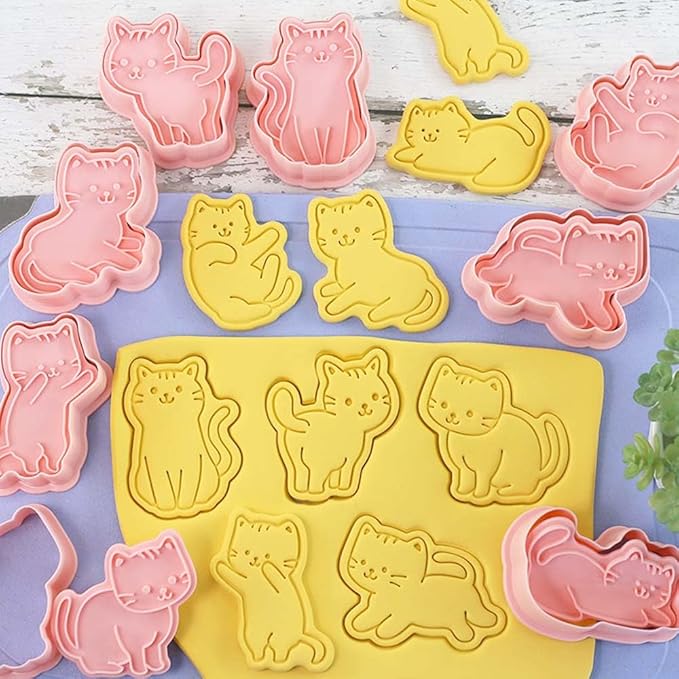 8pc 3D Cute Cat Cookie Stamps, Cupcake Pancake Apple Pie Pastry Biscuit Molds, Fruit & Sandwich Cutter Set for Cat Party Decorations