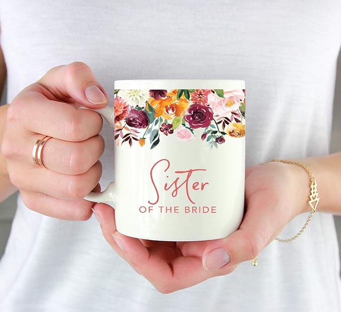 Andaz Press 11oz. Wedding Ceramic Coffee Tea Mug Gift, Fall Autumn Burgundy Orange Peach Flowers Roses Florals, Sister of the Bride, 1-Pack, Includes Gift Box
