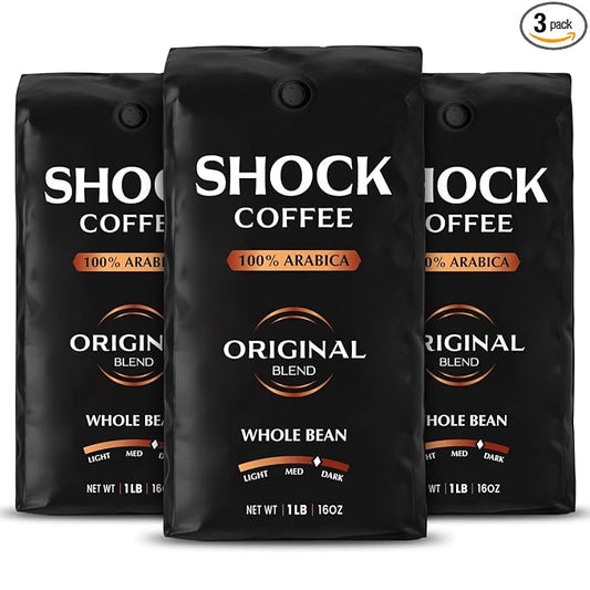 Shock Coffee Whole Bean, The Strongest Caffeinated All-Natural Coffee, Up to 50% more Caffeine. 3 LB