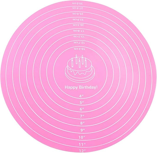 Hitefu 12 Inch Round Silicone Cake Mat, Silicone Baking Mat with Measurement for Cake Turntable & Rolling Dough (Pink)
