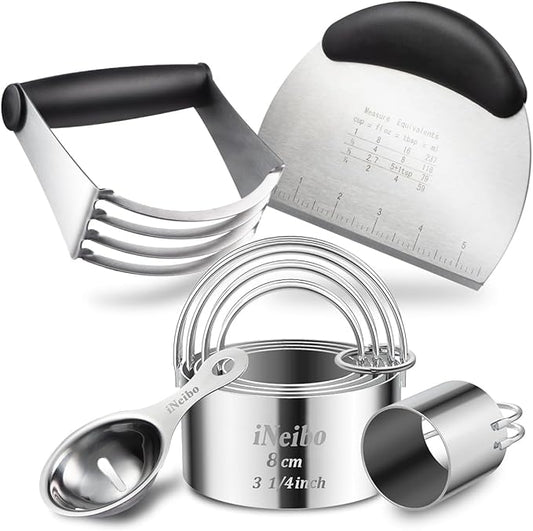 iNeibo Professional Baking Tools Biscuit Cutter Set Dough Blender/Cutter Round Cookies Cutter with Handle + Pastry Scraper+Egg Separator Heavy Duty Baking Dough Tools Pastry Utensils (Baking Tools)