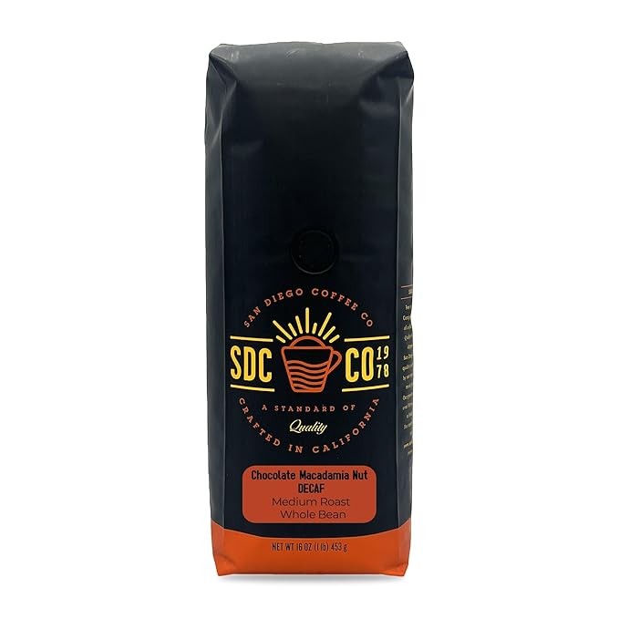 San Diego Coffee Chocolate Macadamia Nut DECAF, Medium Roast, Whole Bean Coffee, 16-Ounce Bag Café en grano tostado descafeinado