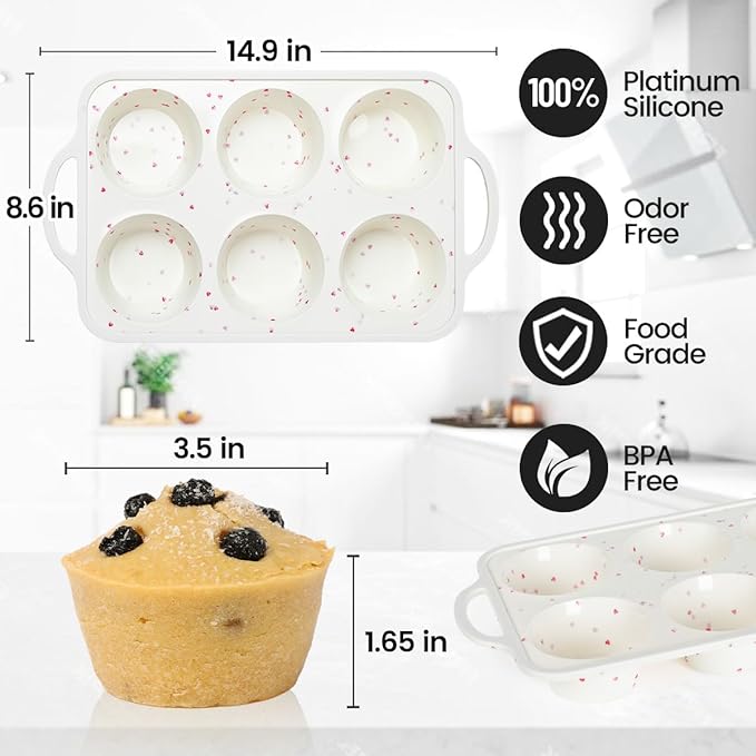 CAKETIME Jumbo Muffin Pan, Metal Reinforced Frame 3.5 Inch Large Silicone Cupcake Pan 6 Cups Large Muffin Pan with Handle Nonstick Jumbo Muffin Tin for Baking Giant Homemade Muffins, Frittatas 1 Pack