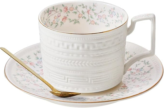 8.8 oz Cappuccino Cups with Saucers and Spoons,Embossed Bone China tea cups and Saucer Sets,3 Pieces, Vintage Style,Coffee Cup & Saucer Set For Women Wedding/Birthday/Christmas Gift