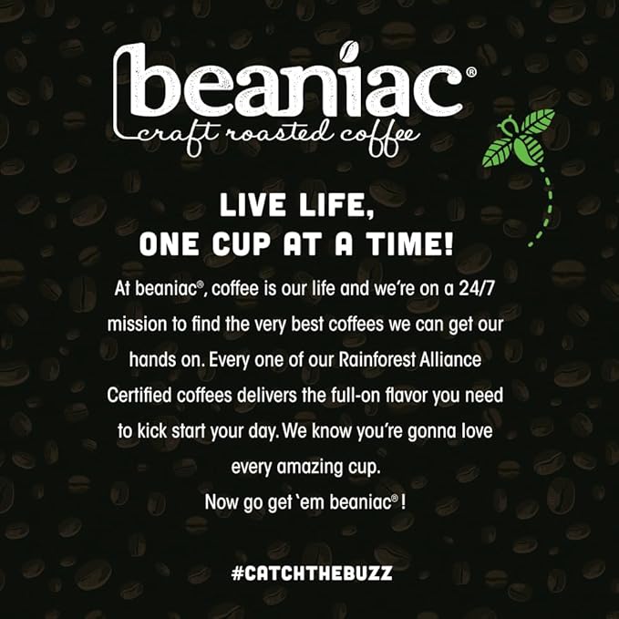 beaniac Organic Full On French Roast, Dark Roast, Single Serve Compostable K Cup Coffee Pods, Organic Arabica Coffee, Keurig Brewer Compatible, 72 Count