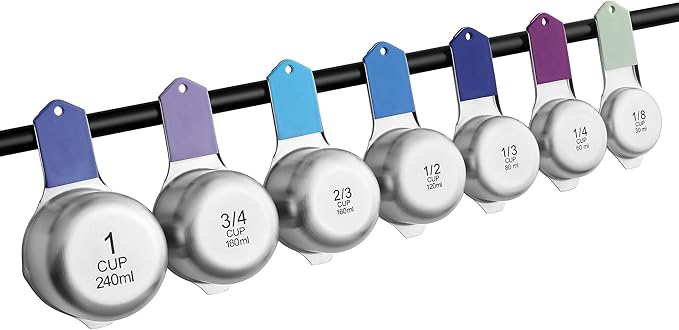 Spring Chef Magnetic Stainless Steel Measuring Cups (Patent Pending), Kitchen Tools with Easy to Read Markings for Measuring Dry or Liquid Ingredients, Set of 7, Winter Frost