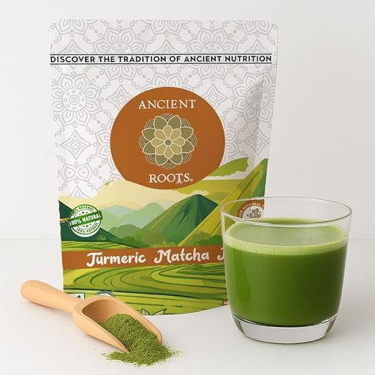Ancient Roots Turmeric Matcha Mix - With Cinnamon, Ginger, and Black Pepper - All-Natural, Low-Calorie, Powdered Tea Mix, Sugar-Free 3.5 oz. Turmeric (33 servings)