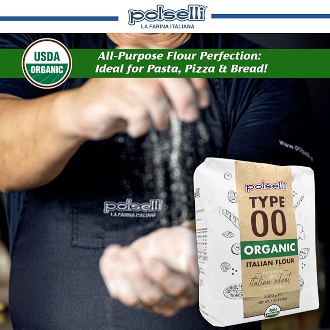 POLSELLI Organic Flour, Type 00, 100% Italian Grain, Double Zero Flour, OO Extra Fine, 5 kg, 11 lbs, BIO, Neapolitan Italian Pizza, Bread, Pasta, All Natural, Unbleached, All-Purpose, Unbromated, No Additives