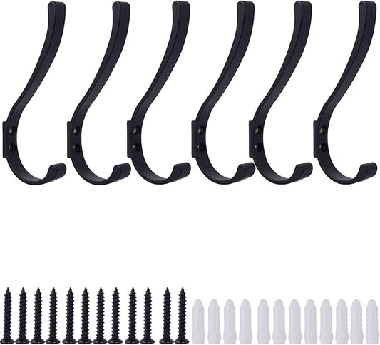 6 Pack Hanging Coat Hooks Wall Mount, Coat Hanger Wall Hangers, Metal Hooks for Hanging Heavy Duty, Screw in Hooks for Hanging Towels, Clothes, Backpack, Hat, Bag, Jacket, Key, Robe, Backpack Black
