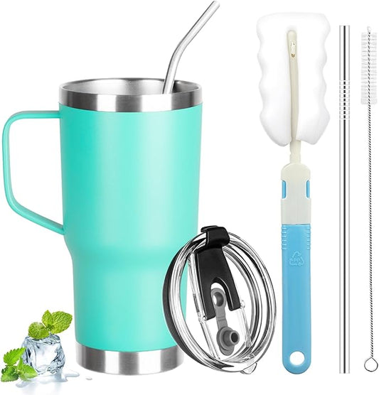 20 oz Tumbler with Handle, Stainless Steel Insulated Tumbler with Lid and Straw, Double Wall Vacuum Coffee Mug Tumbler, Insulated Coffee Thermal Cup for Cold and Hot (Mint Green)