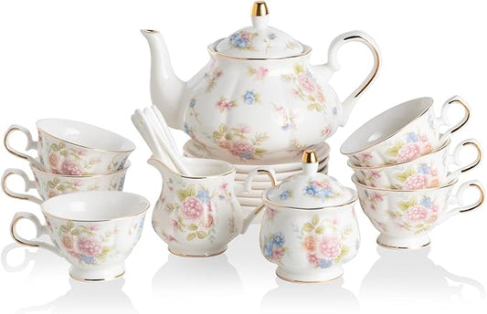 Sweejar Porcelain Tea Sets, Vintage British Floral Relief Gold Rimmed Teapot Cup and Saucer Set, Tea Set Service for 6, with Teapot, Sugar Bowl, Milk Jug, Spoons, Tea Cup and Saucer (Small Flower)