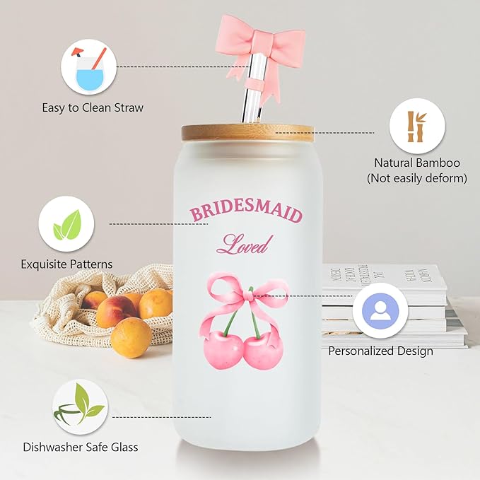 Personalized Tumbler with Cherries Bows-Can Shaped Glass with Lids and Straws-18OZ Iced Coffee Cups with Lids, Cherry Decor Cute Glass Cups, Mothers Day Bridesmaid Gifts for Women (Bow-text)