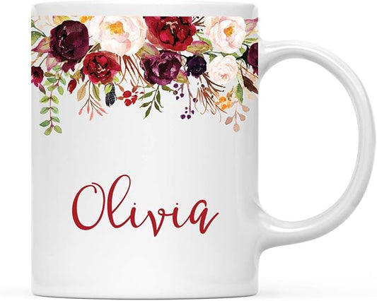 Andaz Press Personalized 11oz. Wedding Ceramic Coffee Tea Mug Bridesmaid Gift, Fall Autumn Marsala Burgundy Flowers Roses Florals, Olivia, 1-Pack, Includes Gift Box, Custom Name
