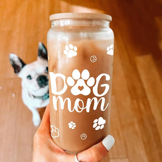 Dog Mom Cup 16 Oz Can Glass Coffee Mug with Bamboo Lid & Straw - Dog Lover Gifts for Women - Dog Mom Gift for Birthday Mothers Day