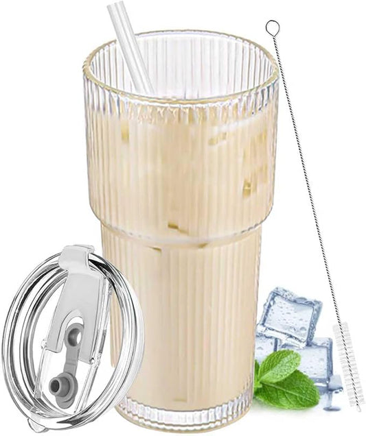 20 oz Glass Tumbler with Lid and Straw, Clear Ribbed Iced Coffee Cup, High Borosilicate Glass Tumbler, Reusable Vintage Glassware for Iced Coffee, Smoothies, Cocktails, and Juices