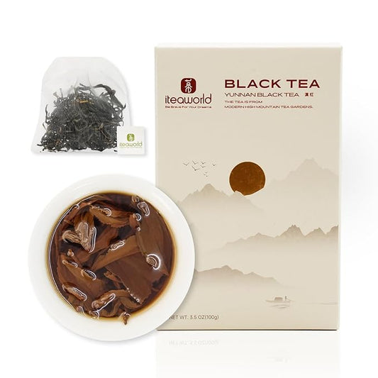 iTeaworld Yunnan Black Tea Loose Leaf, Non-GMO, No Sweetener, Authentic Chinese Tea, Honey & Sweet Potato Aroma, Strong tea,20 Corn Tea Bags for Black Tea Beginners - 1 Pack (3.5 oz)