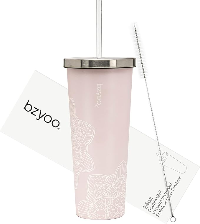 bzyoo SUP Double Wall Vacuum Insulated Tumbler with Straw and Lid Stainless Steel Water Bottle Cold Drink Travel Mug Cup, Valentines Gifts For Him & Her (710ml) Color: Mandala Pink
