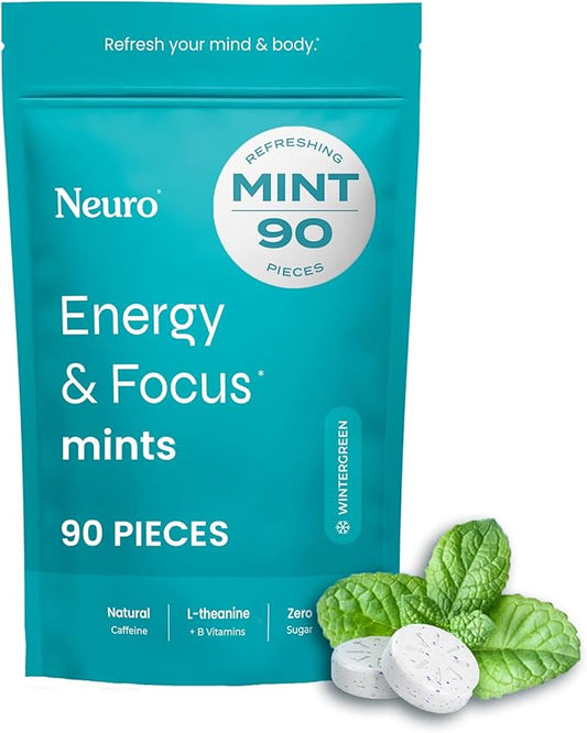 Neuro Energy & Focus Mints - Sugar Free Breath Mints with 80mg Natural Caffeine, B Vitamins & L-Theanine - Vegan Brain Supplement for Exercise, Study & Daily Focus - Wintergreen, 90 ct