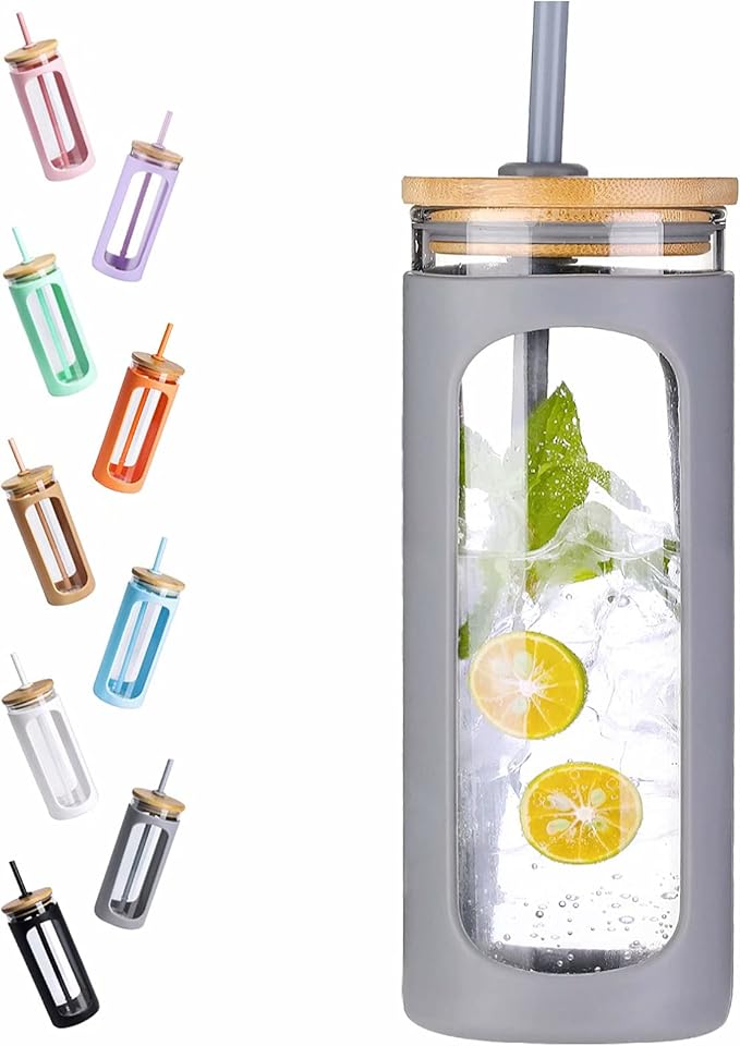 Kodrine 20oz Glass Water Tumbler with Straw and Lid, Bamboo Lids Water Bottle, Iced Coffee Cup Reusable, Wide Mouth Smoothie Cups with Protective Silicone Sleeve BPA FREE-Grey