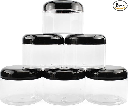 Cornucopia Brands 12 Ounce Clear Plastic Jars w/Black Plastic Lids (6-Pack); BPA Free PET Stackable Canisters for Bathroom & Kitchen Storage