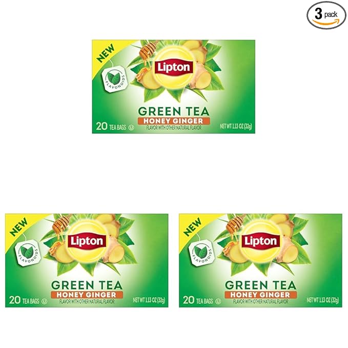 Lipton Honey Ginger Green Tea Bags, Flavored, Unsweetened Teabags for Hot Tea or Iced Tea with Caffeine and Flavonoids, 20 Total Tea Bags (Pack of 3)