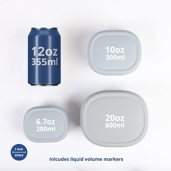BLUE GINKGO Nesting Silicone Containers - Set of 3 Hard-Shell Silicone Food Storage Containers | BPA Free, Airtight, Dishwasher and Freezer Safe (6.7oz, 10oz, 20oz) - Grey