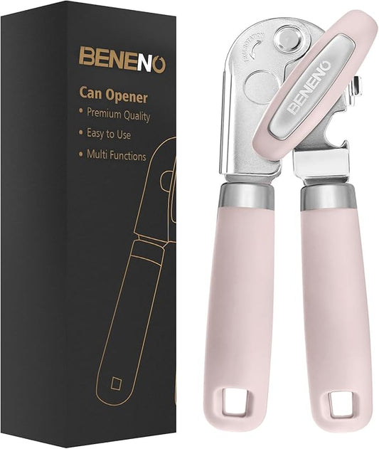 Beneno Can Opener Manual with Magnet, Hand Held Heavy Duty Can Opener with Durable Sharp Blade Smooth Edge, Big Effort-Saving Knob, Soft Grip Rubber Handle, Multifunctional Bottle Opener, Light Pink