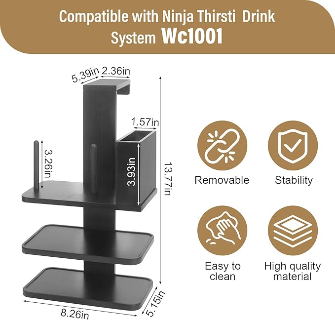 Flavor Pods Holder Compatible With Ninja Thirsti,4-in-1 Flavor Storage Holder with Straw Slot & Cup and Lid Storage,Side-Mounted Wooden Organizer Holds 20 Pods for Ninja Thirsti WC1001 Drink System